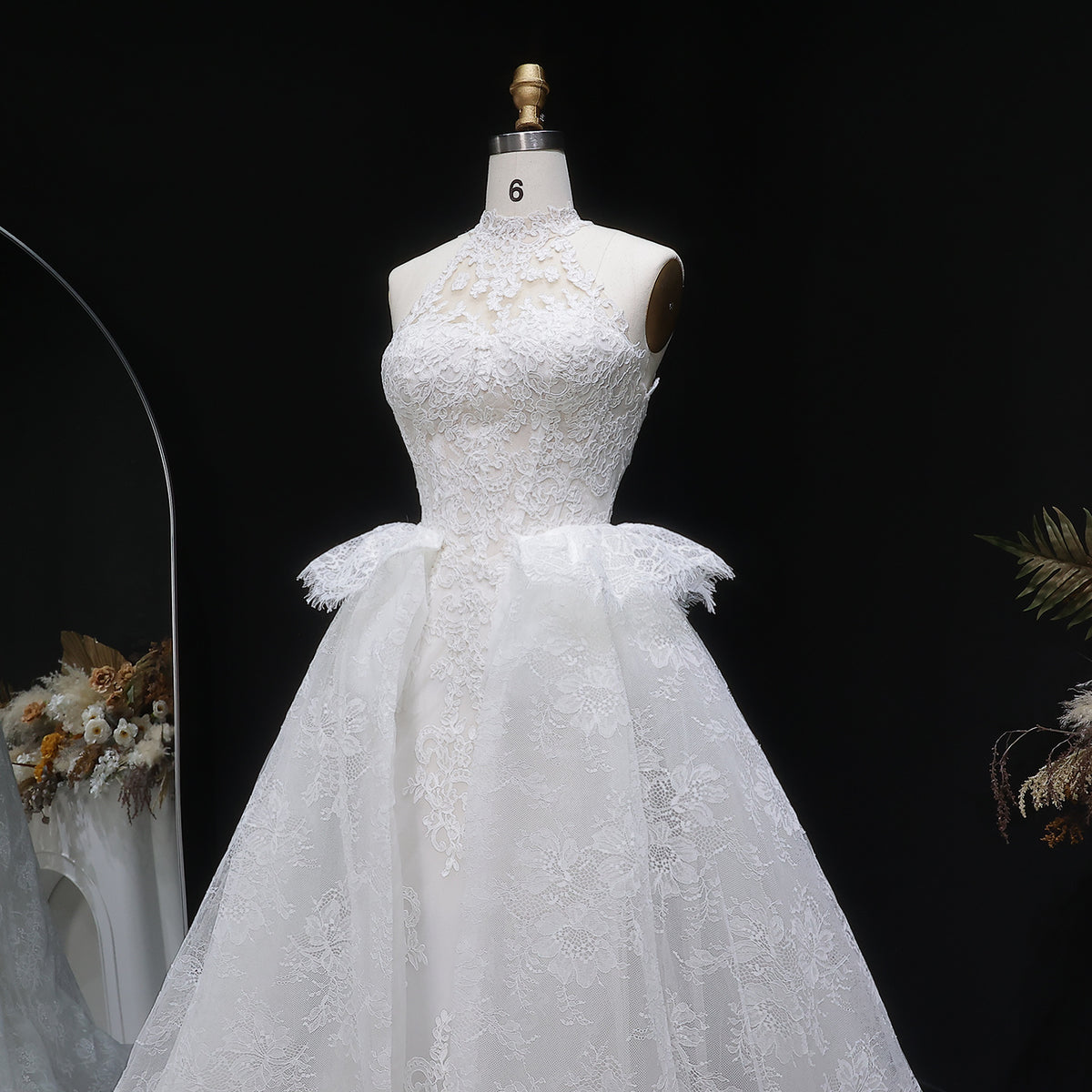 Luxury White A-Line Wedding Dress with Lace Embroidery and Overskirt SW651 