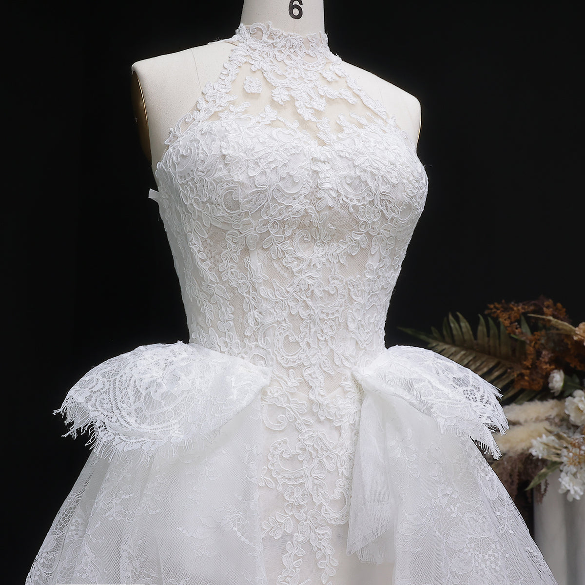 Luxury White A-Line Wedding Dress with Lace Embroidery and Overskirt SW651 