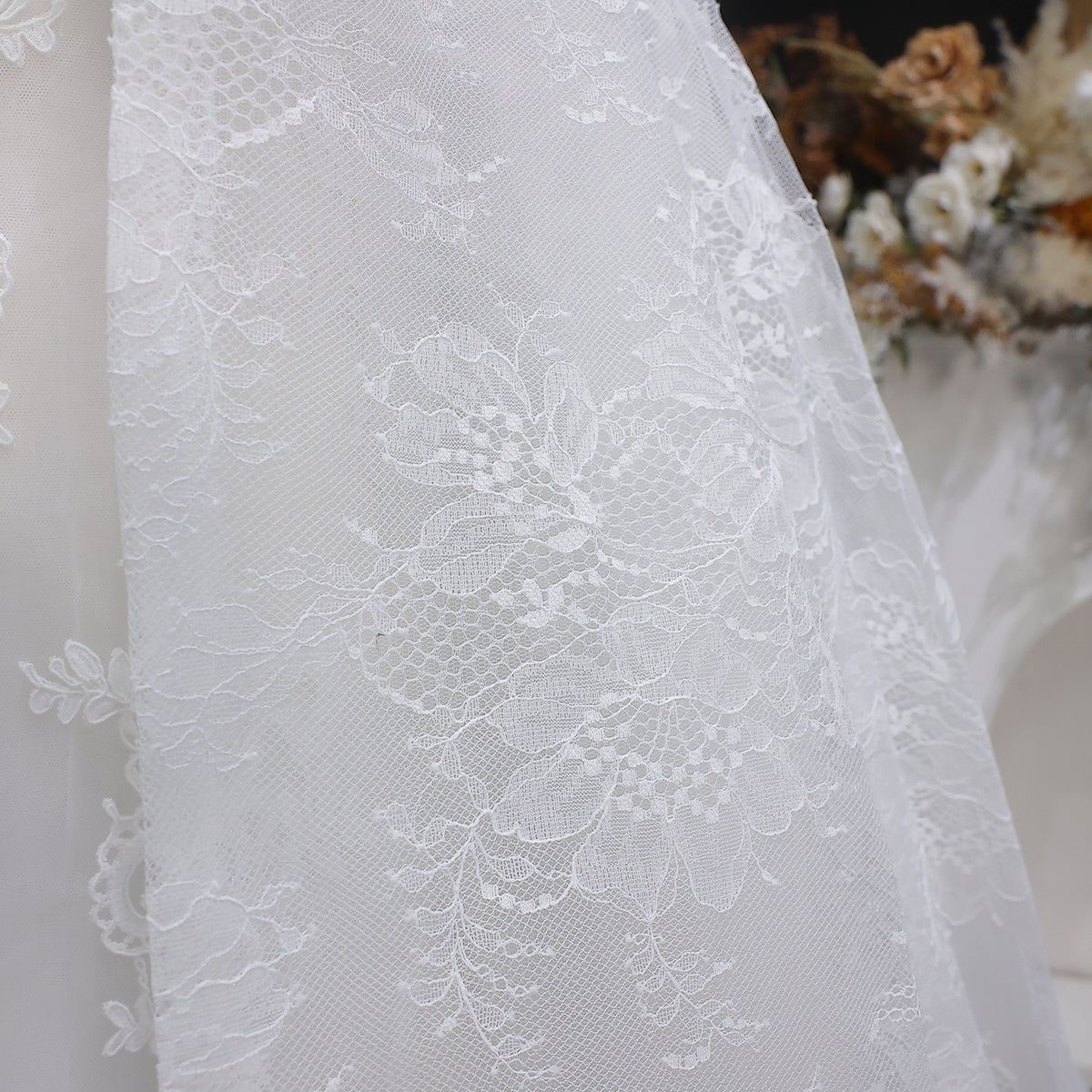 Luxury White A-Line Wedding Dress with Lace Embroidery and Overskirt SW651 