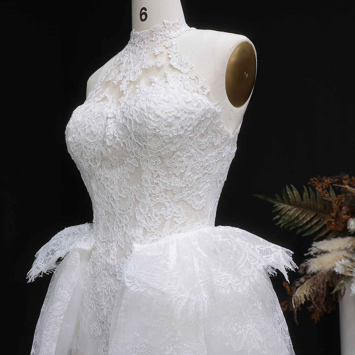Luxury White A-Line Wedding Dress with Lace Embroidery and Overskirt SW651 