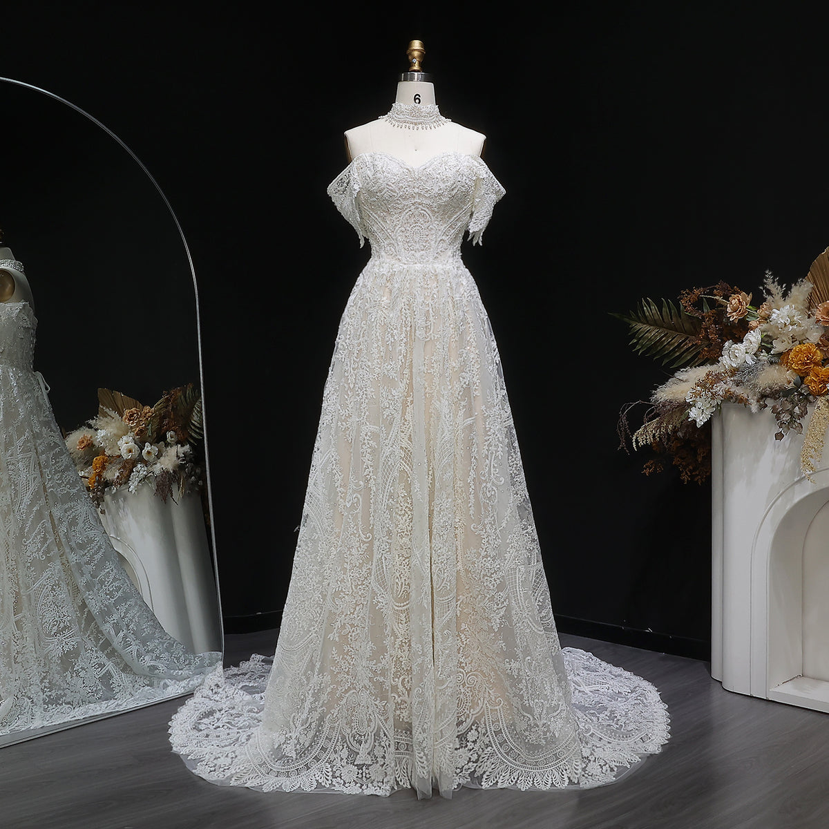 Off White Elegant Lace Pearl Embroidery Ball Gown Wedding Dress SW652 