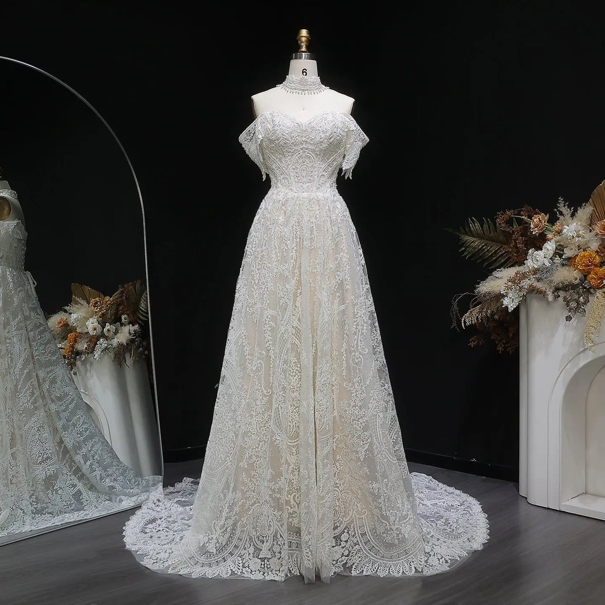 Off White Elegant Lace Pearl Embroidery Ball Gown Wedding Dress SW652 