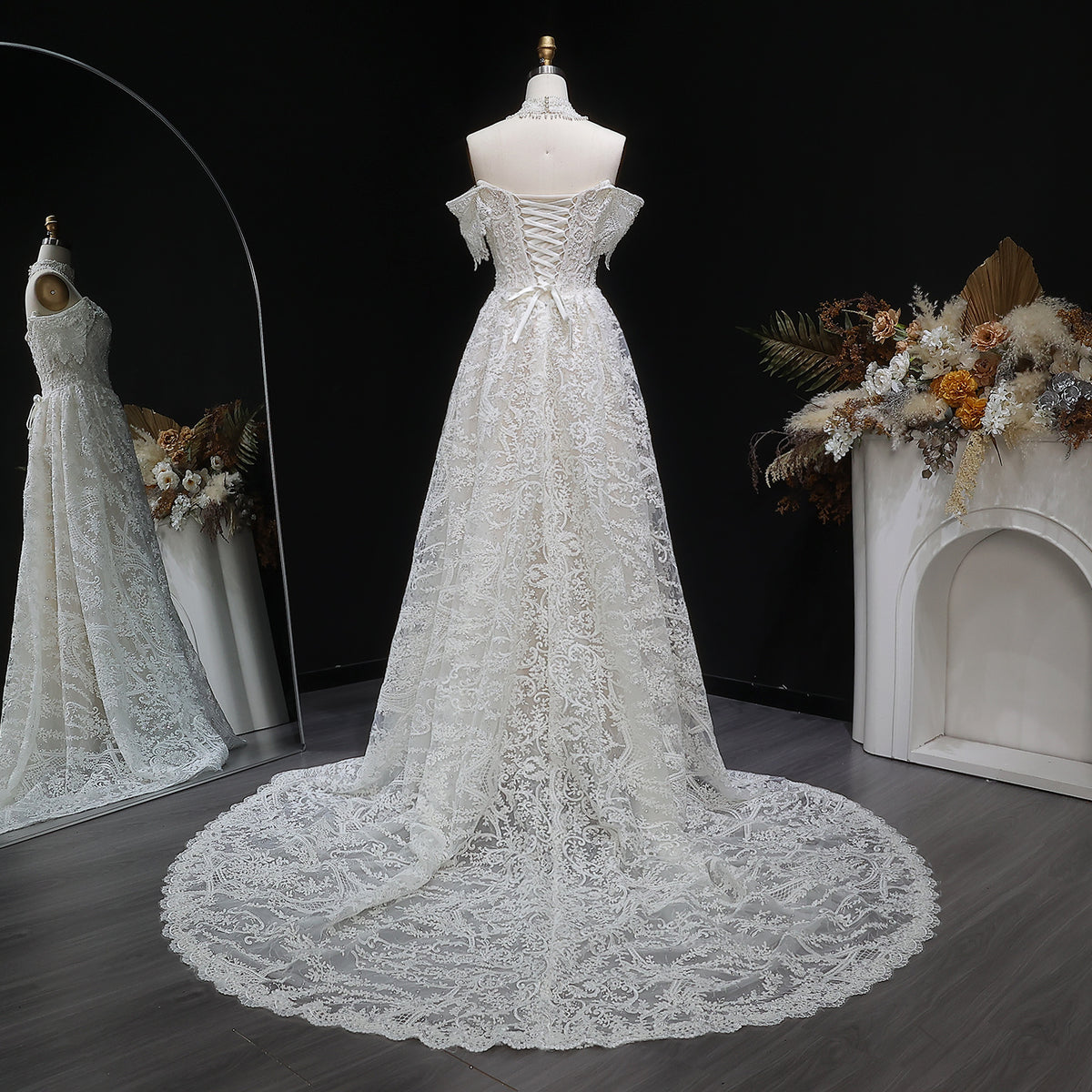 Off White Elegant Lace Pearl Embroidery Ball Gown Wedding Dress SW652 