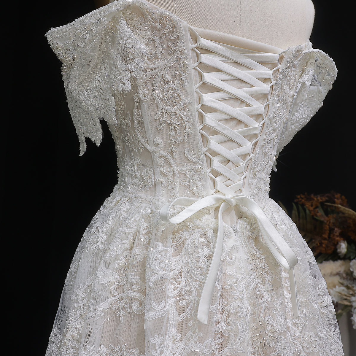Off White Elegant Lace Pearl Embroidery Ball Gown Wedding Dress SW652 