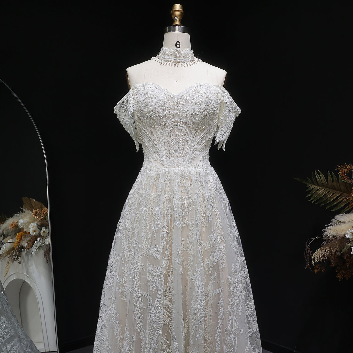 Off White Elegant Lace Pearl Embroidery Ball Gown Wedding Dress SW652 