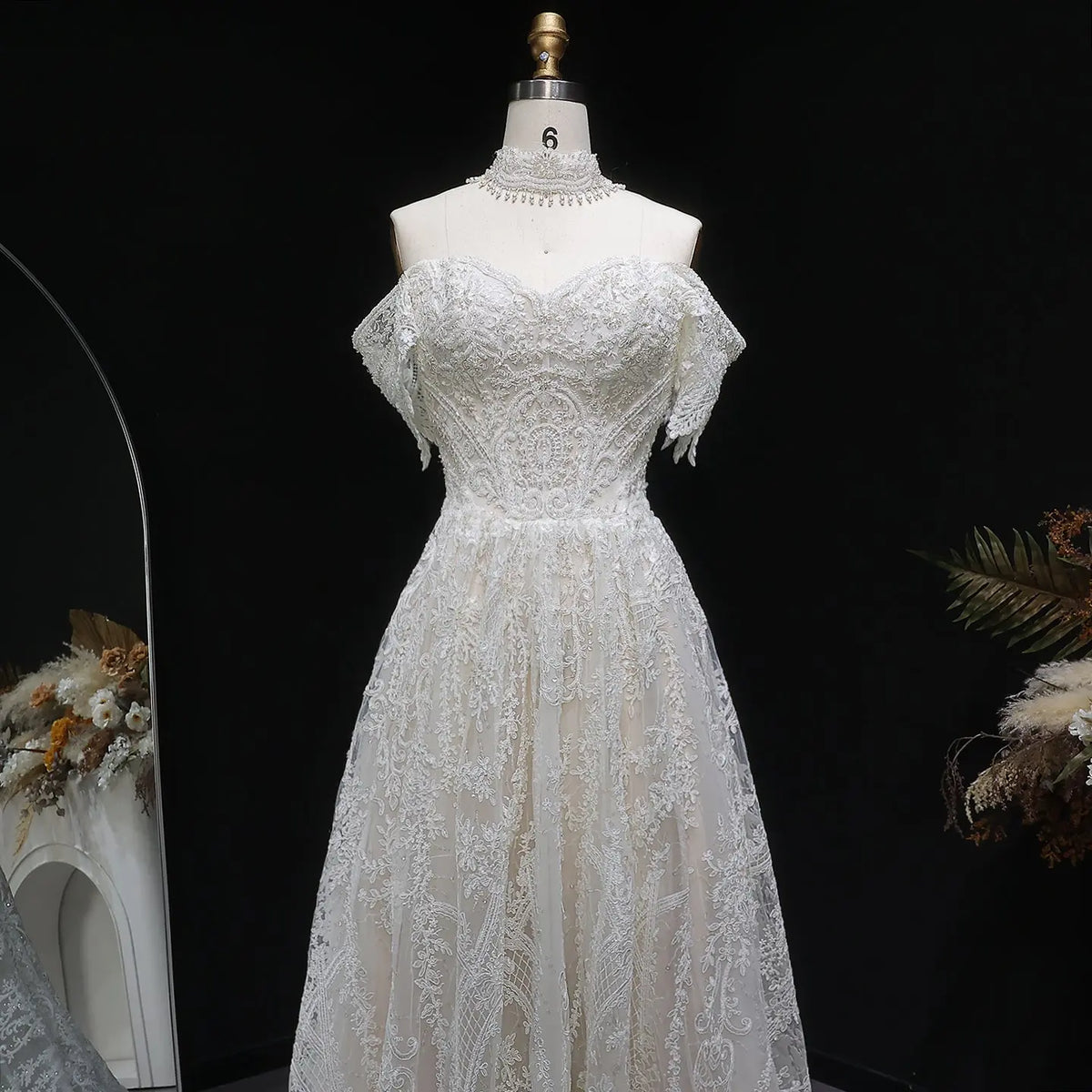 Off White Elegant Lace Pearl Embroidery Ball Gown Wedding Dress SW652 