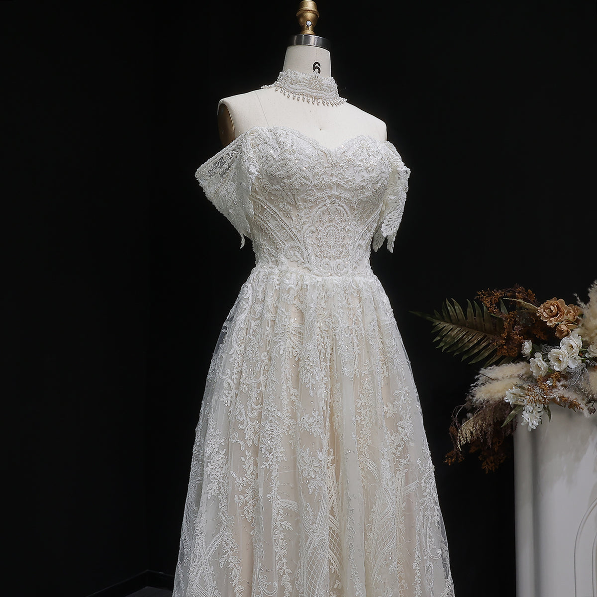 Off White Elegant Lace Pearl Embroidery Ball Gown Wedding Dress SW652 