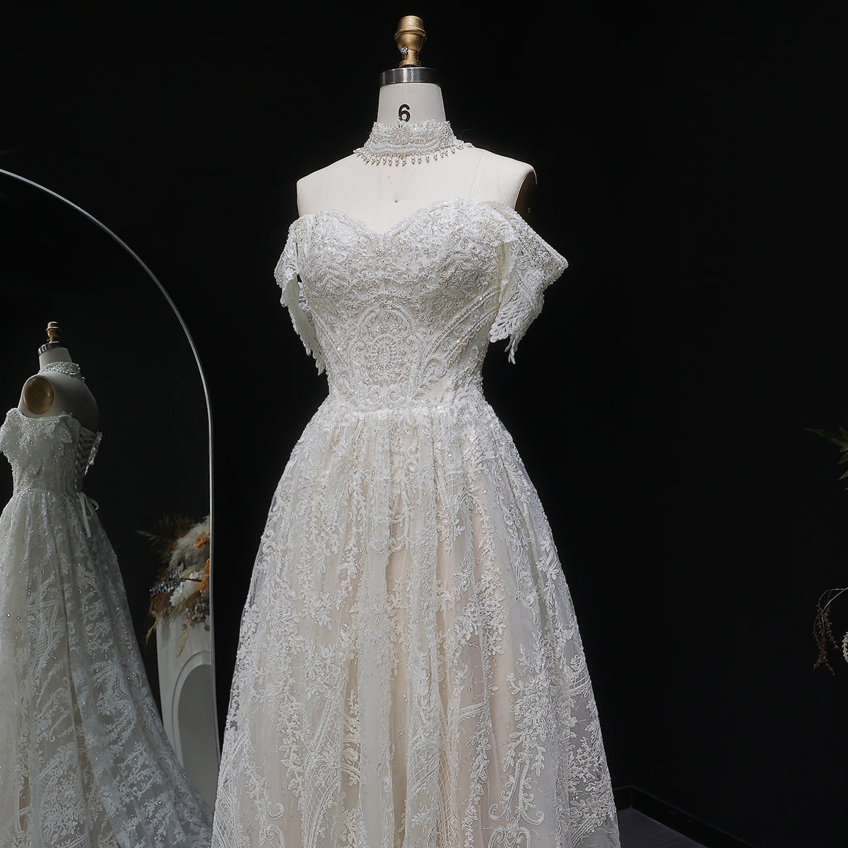 Off White Elegant Lace Pearl Embroidery Ball Gown Wedding Dress SW652 