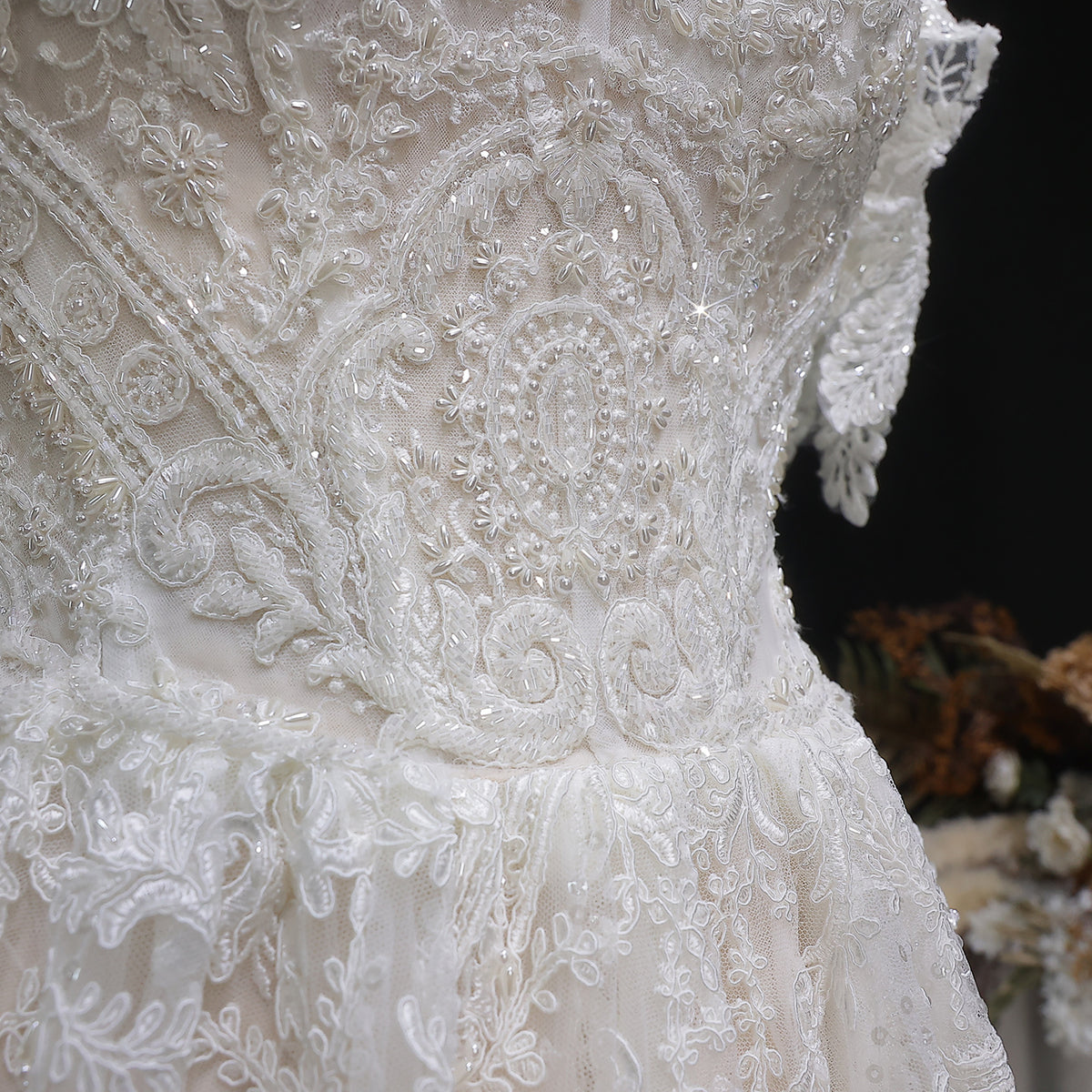 Off White Elegant Lace Pearl Embroidery Ball Gown Wedding Dress SW652 
