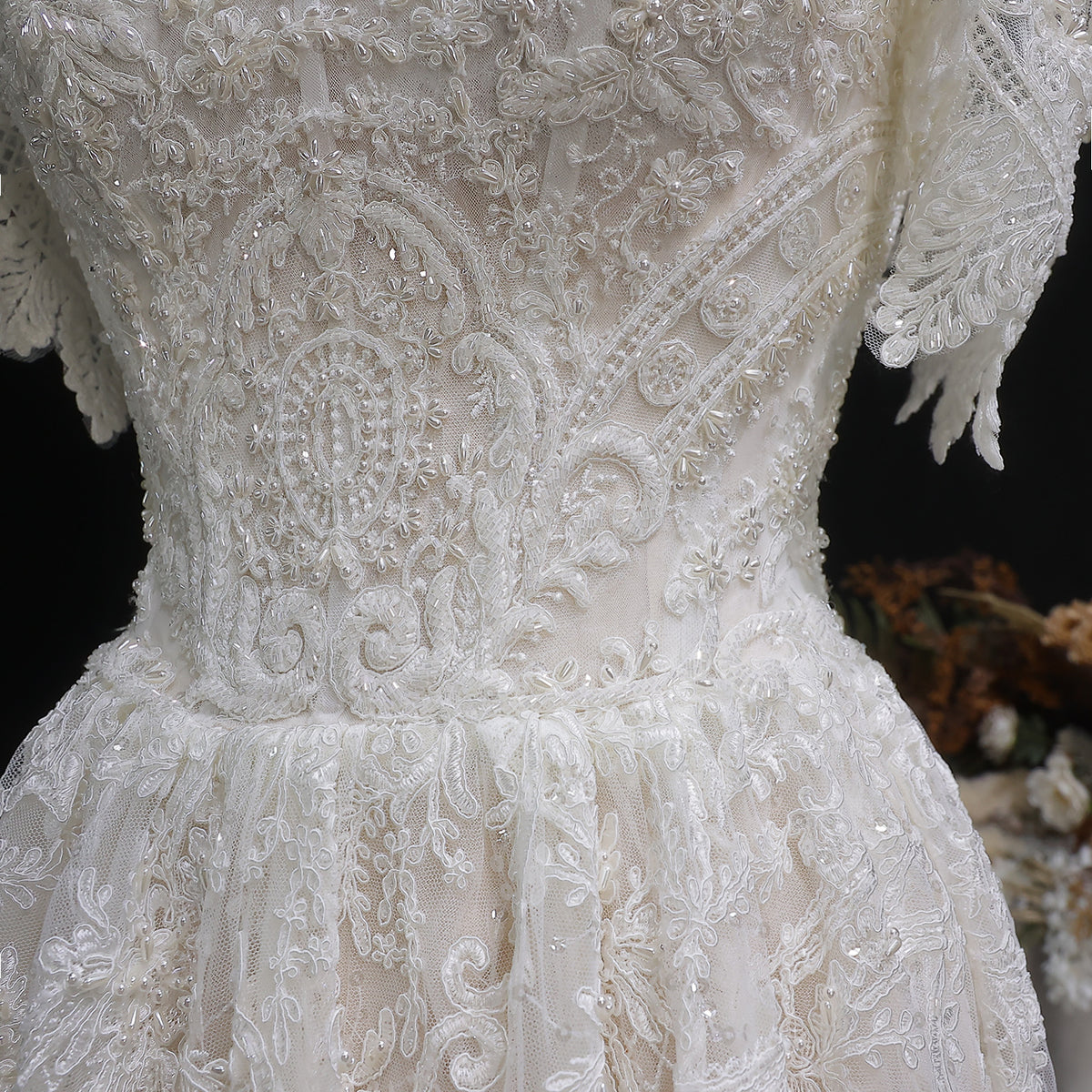 Off White Elegant Lace Pearl Embroidery Ball Gown Wedding Dress SW652 