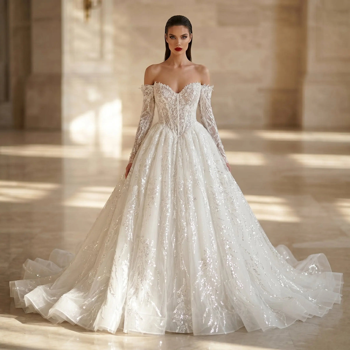 Luxury Off-the-Shoulder Long Sleeve Lace Tulle Ball Gown Wedding Dress SW702