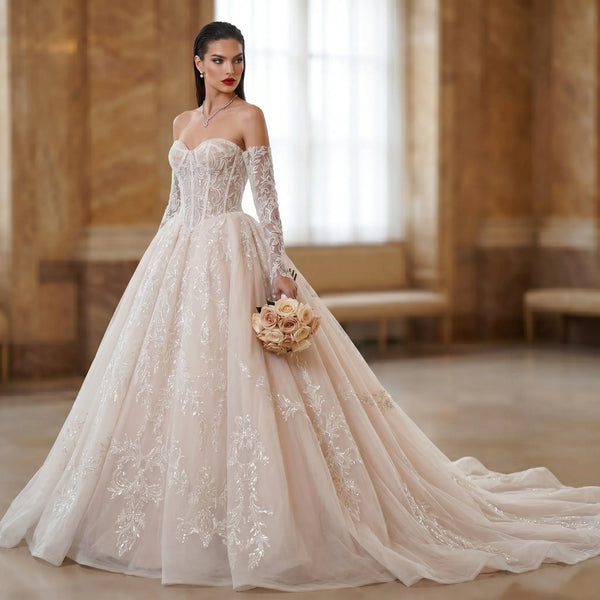 Elegant Ivory Strapless Corset Lace Tulle Bridal Gown Wedding Dress with Long Detachable Sleeves SW703