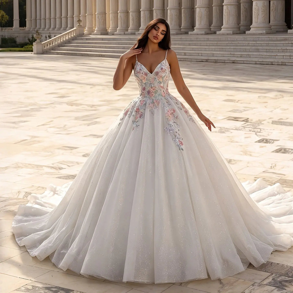 Glamorous Colorful Floral Applique A-Line Tulle Wedding Dress with Train SW704