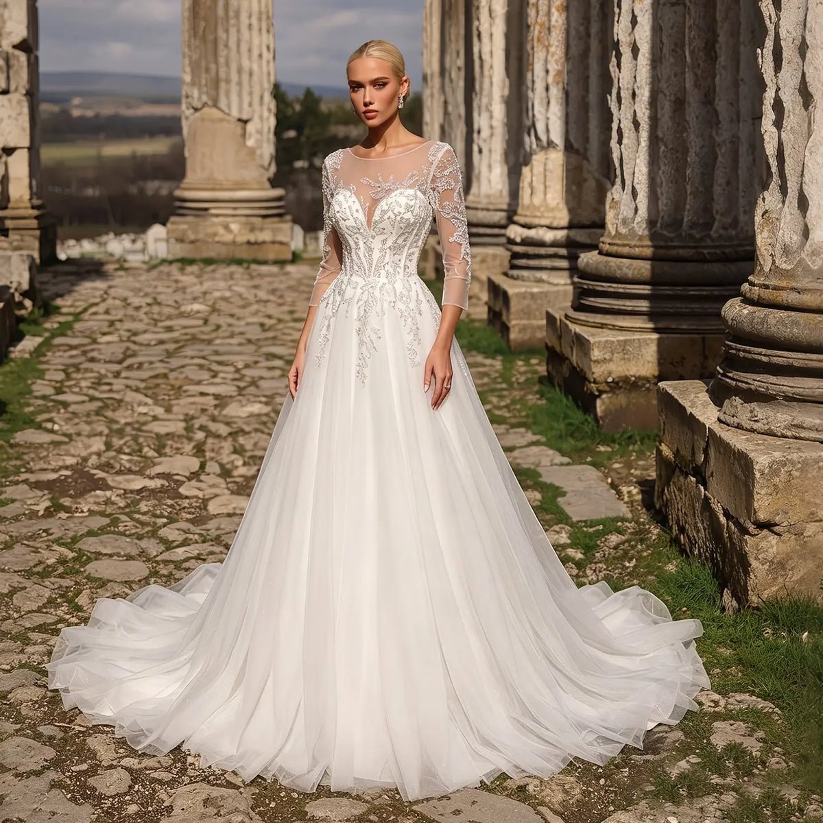 Glamorous Illusion Neck Lace & Tulle Wedding Dress with Cathedral Train SW709