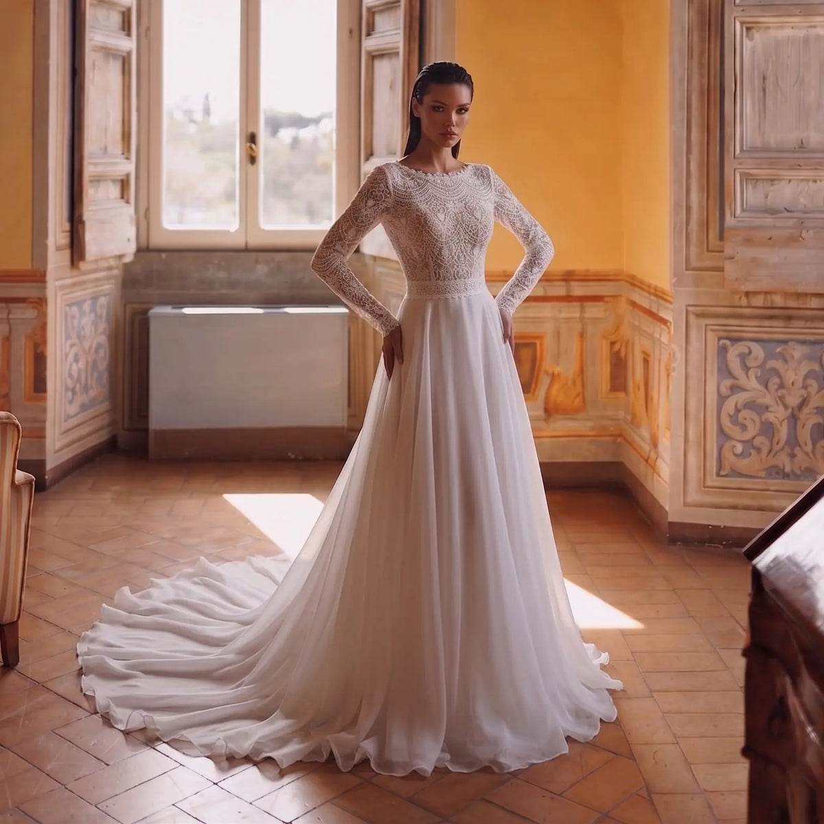 Glamorous Ivory Long Sleeve Lace Wedding Dress with Removable Chiffon Overlay SW714 Glamorous Ivory Long Sleeve Lace Wedding Dress with Removable Chiffon Overlay SW714