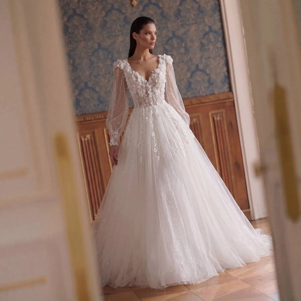 Elegant White V-Neck Long Sleeve Lace-Up Back A-Line Wedding Dress SW7 – SHARONSAID