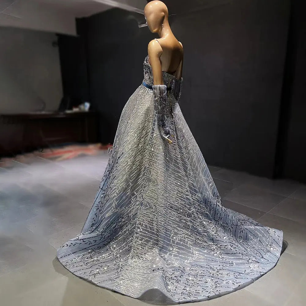 Glitter Crystal Beaded Blue Evening Dress with Sleeves SS752 Glitter Crystal Beaded Blue Evening Dress with Sleeves SS752