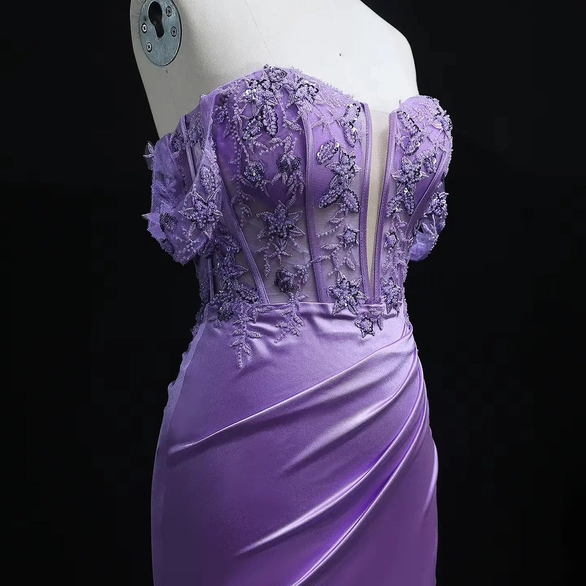 Luxury Lilac Off-the-Shoulder Beaded Sheer High-Slit Mermaid Prom Dress SH534 