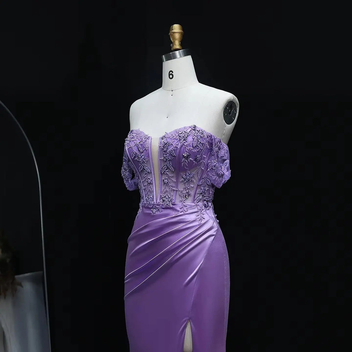 Luxury Lilac Off-the-Shoulder Beaded Sheer High-Slit Mermaid Prom Dress SH534 