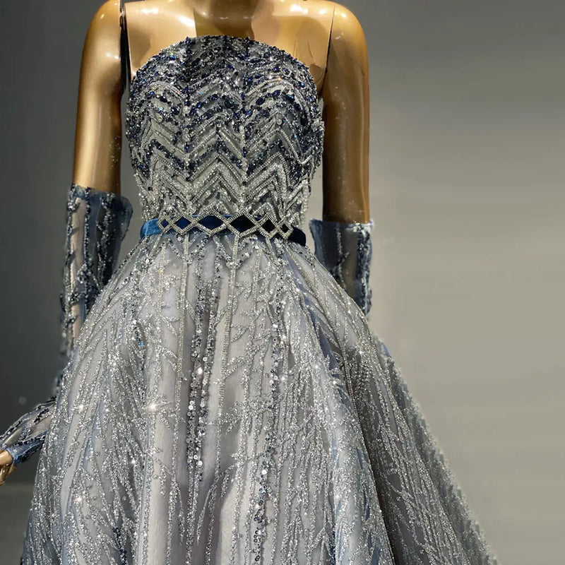 Glitter Crystal Beaded Blue Evening Dress with Sleeves SS752 