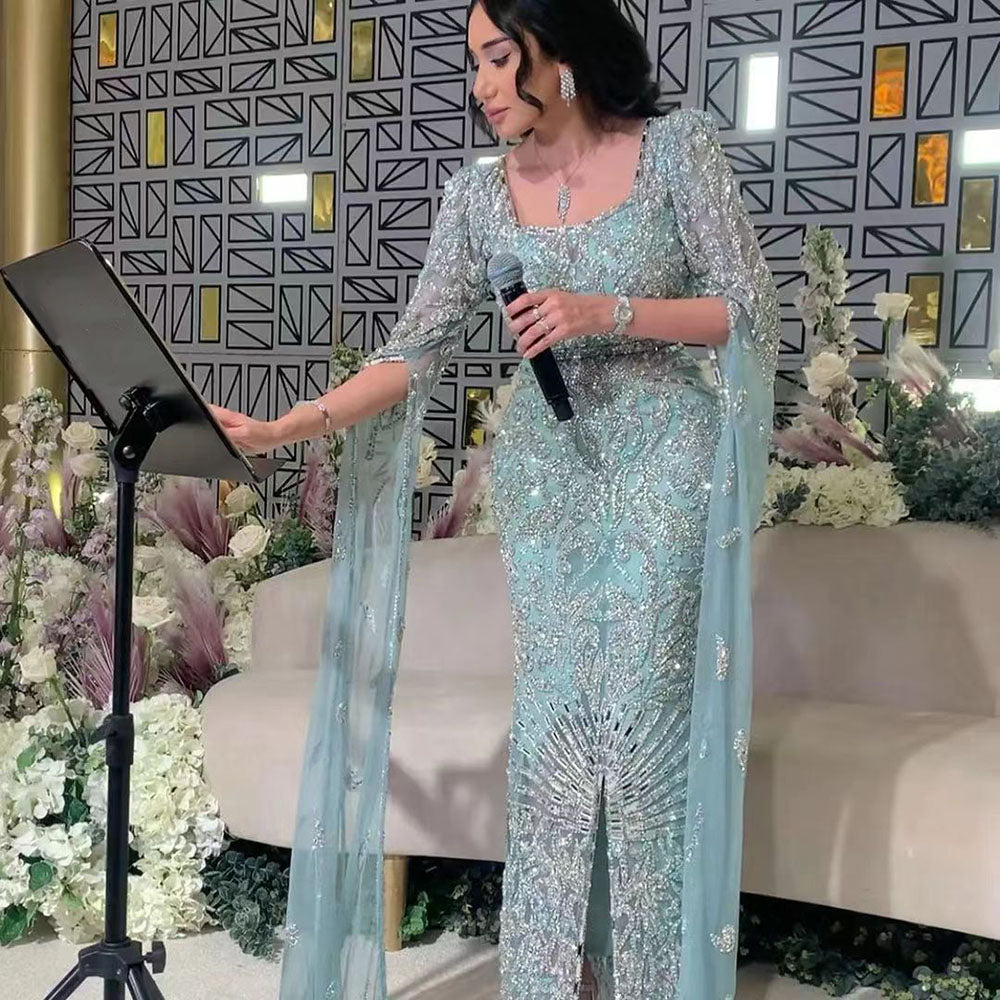 Sharon Said Luxuriöses arabisches türkises Abendkleid mit Cape-Ärmeln, eleganter quadratischer Ausschnitt, Dubai, Damen-Hochzeits- und Partykleider SS469