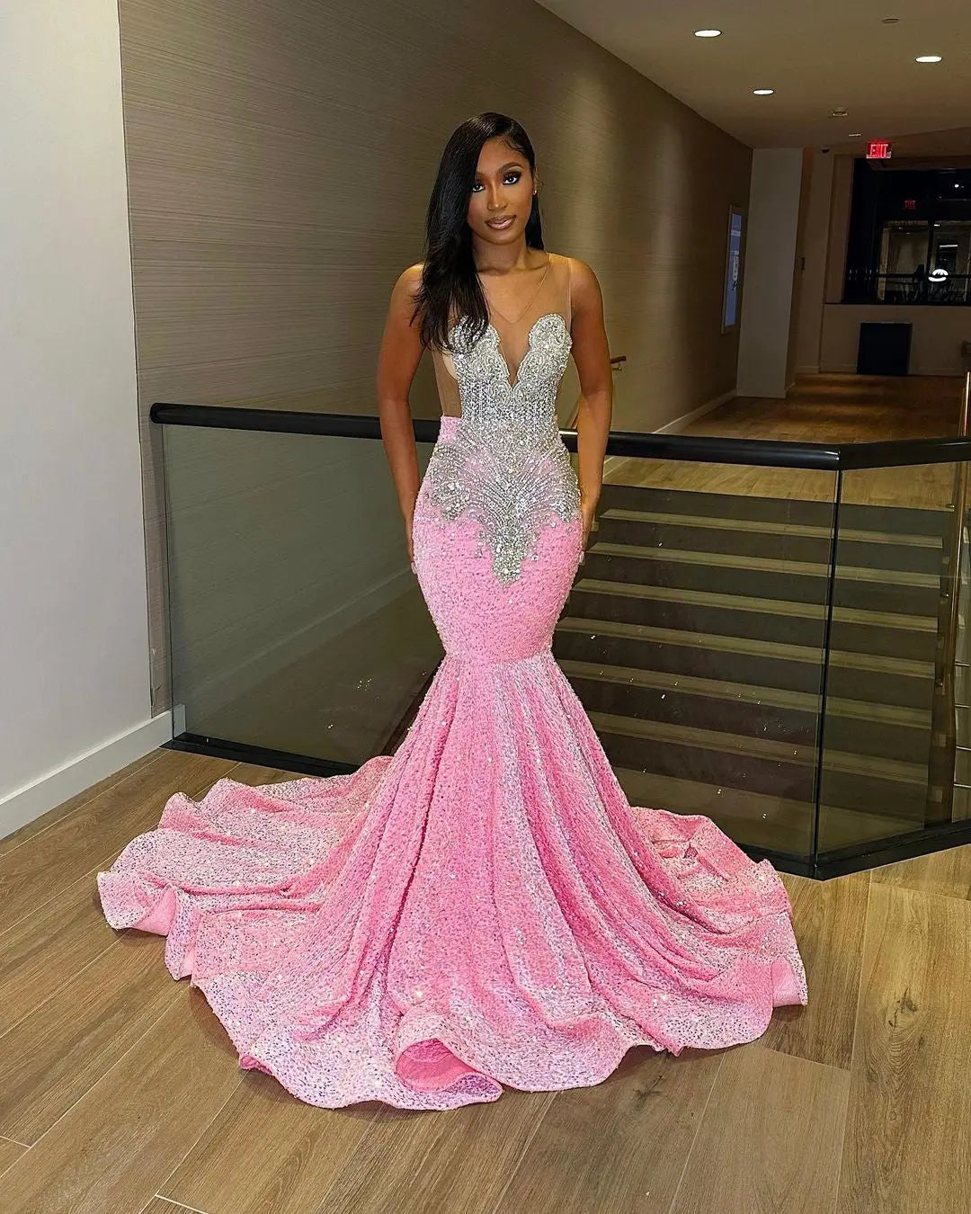Luxury Pink Sequined Mermaid Crystal Prom Dress Rm061 Luxury Pink Sequined Mermaid Crystal Prom Dress Rm061