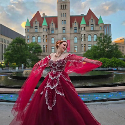 Elegant Off Shoulder Burgundy Prom Dress with Cape Sleeves SS215