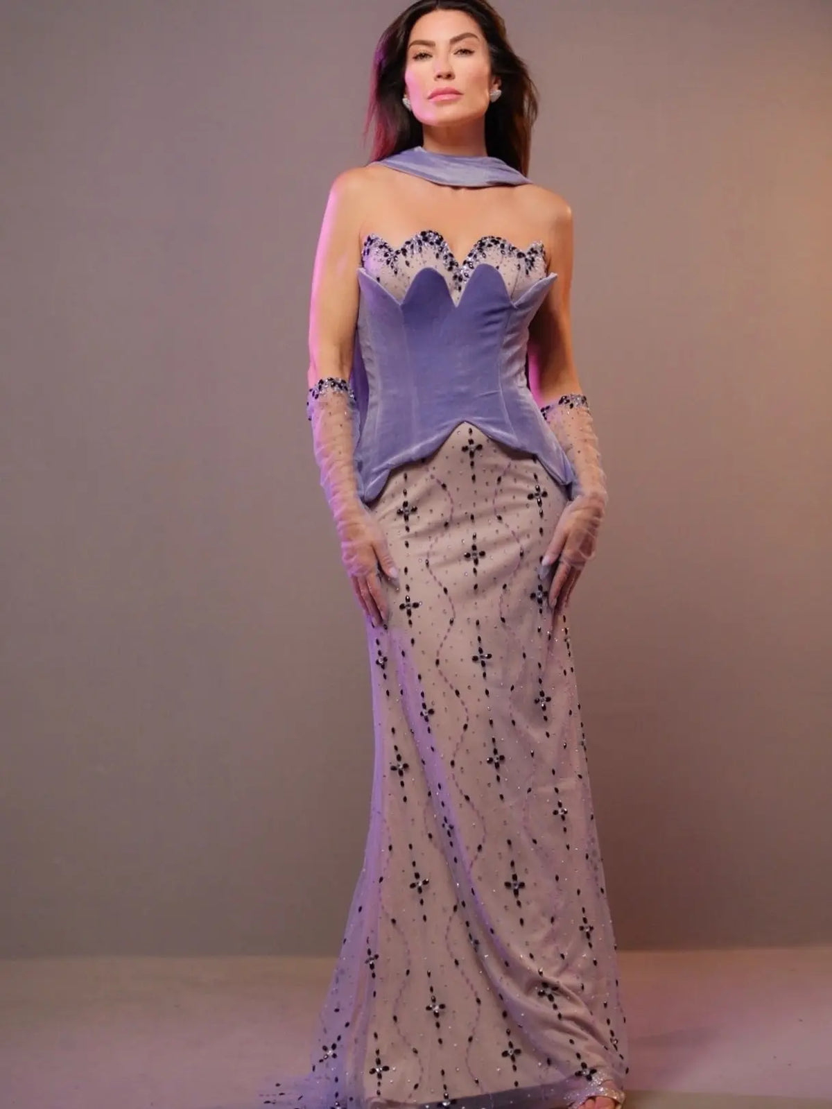 Elegant Beaded Strapless Purple Evening Dress with Scarf and Gloves SS269