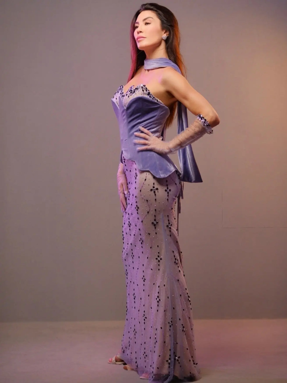 Elegant Beaded Strapless Purple Evening Dress with Scarf and Gloves SS269