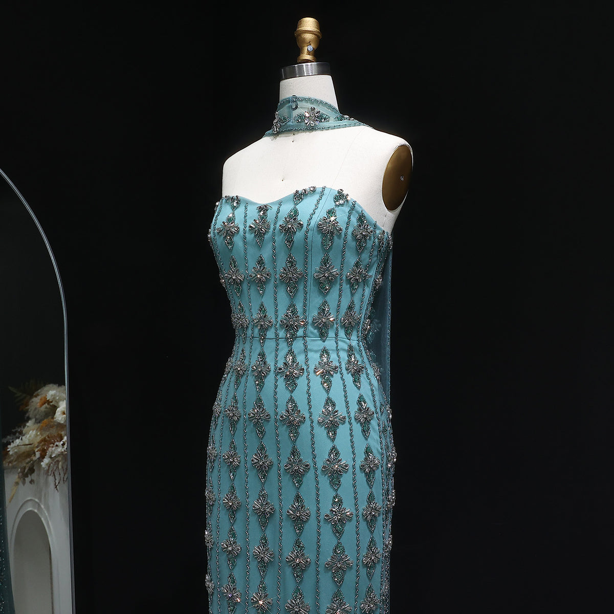 Luxury Beaded Nude Strapless Evening Dress with Scarf SS229 