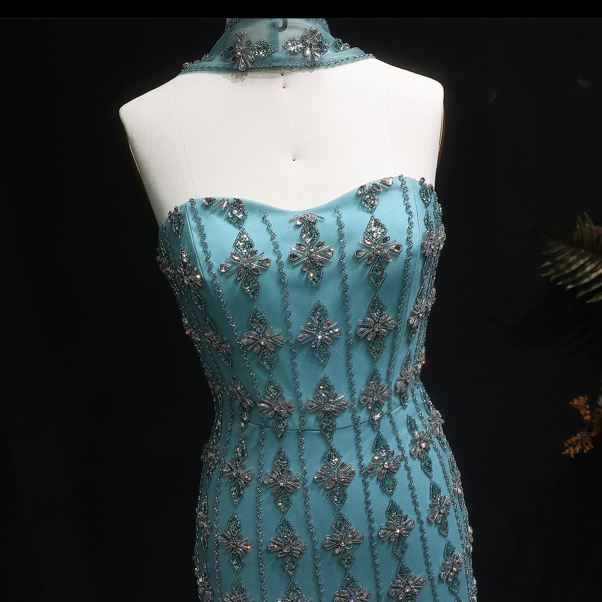 Luxury Beaded Nude Strapless Evening Dress with Scarf SS229 