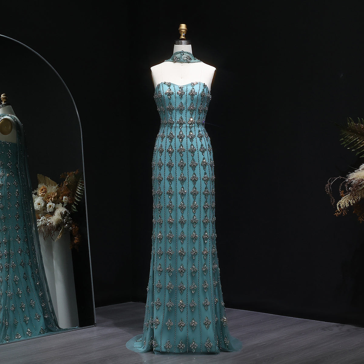 Luxury Beaded Nude Strapless Evening Dress with Scarf SS229 