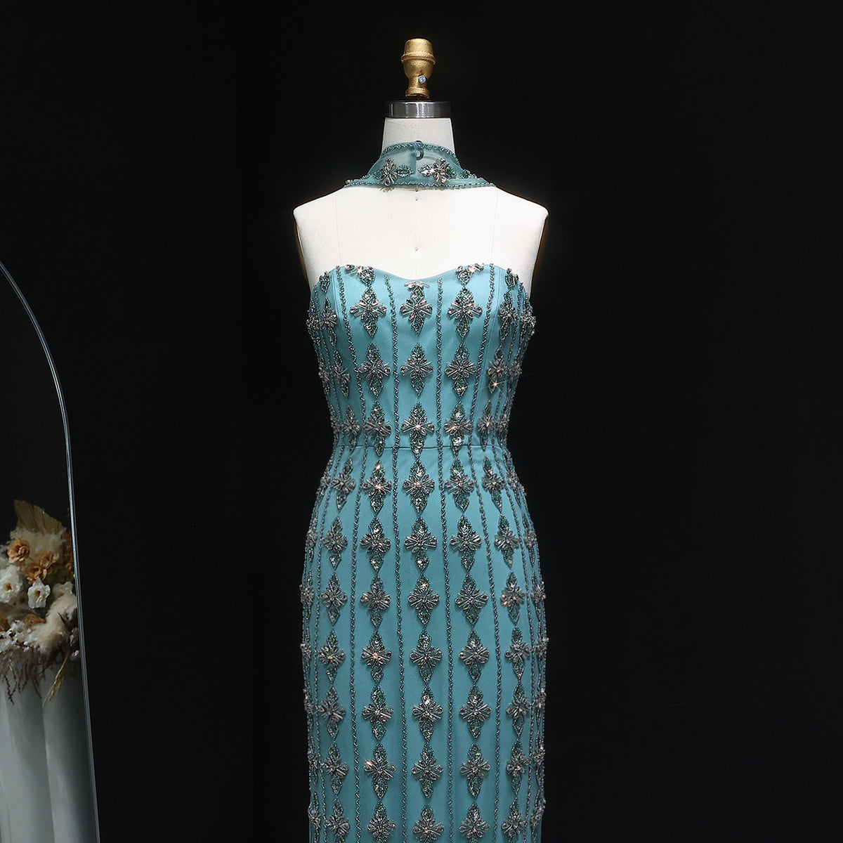 Luxury Beaded Nude Strapless Evening Dress with Scarf SS229 