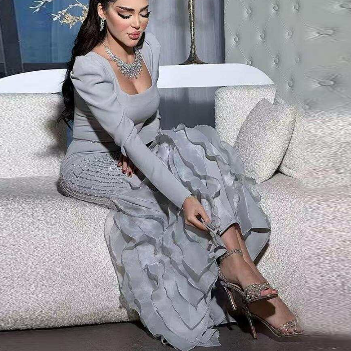 Luxury Gray Crystal Ruffled Long Sleeve Evening Dress XD039 