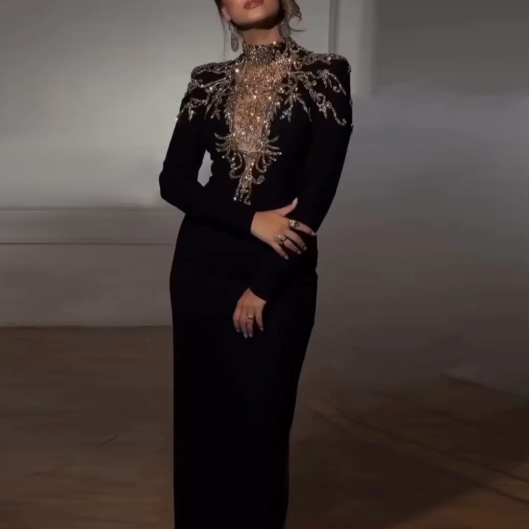 Sharon Said Elegant High Neck Long Sleeves Arabic Black Evening Dresses with Gold Beaded Muslim Dubai Women Formal Party Gowns SS217