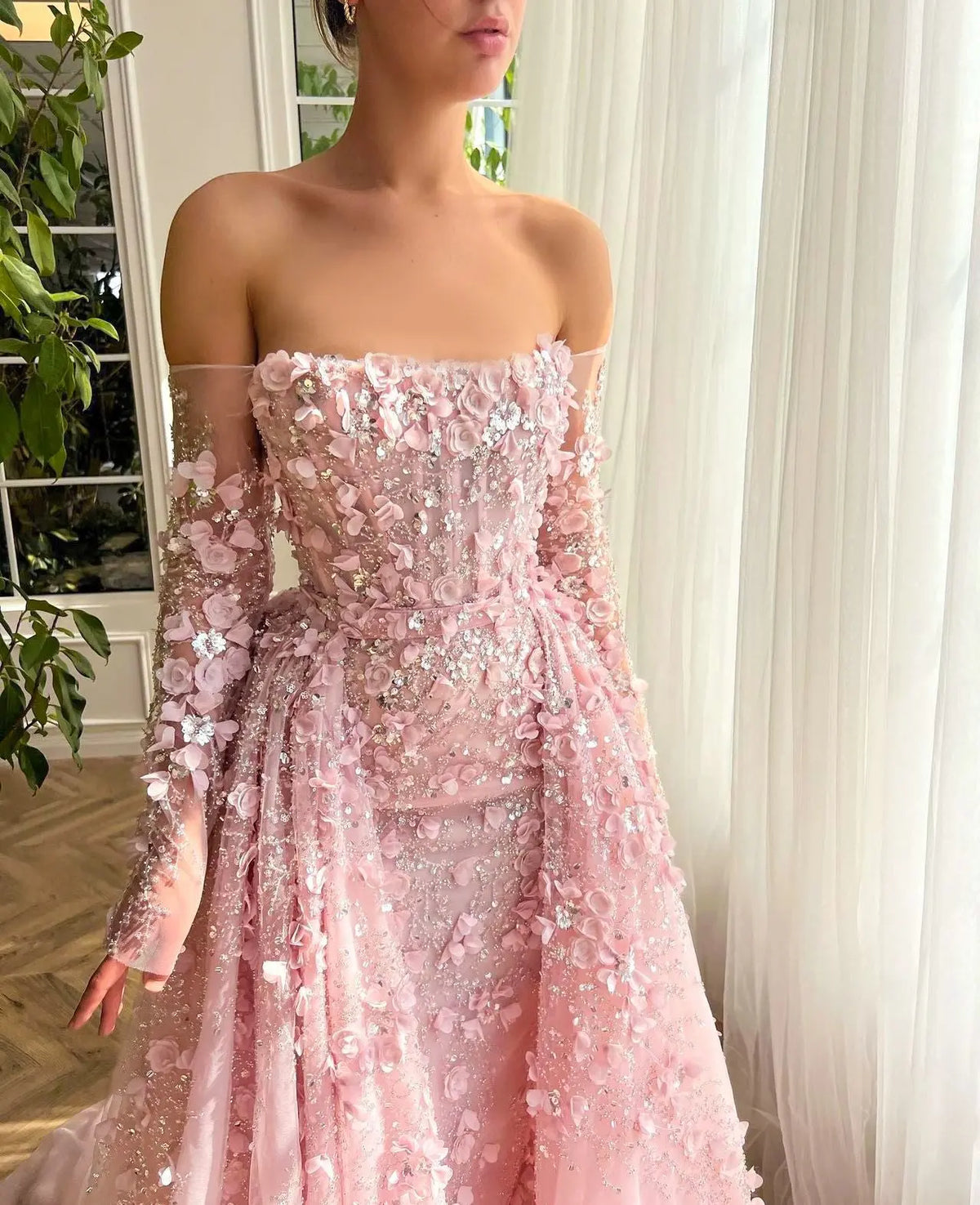 Elegant 3D Flowers Pink Evening Dress with Overskirt SS352