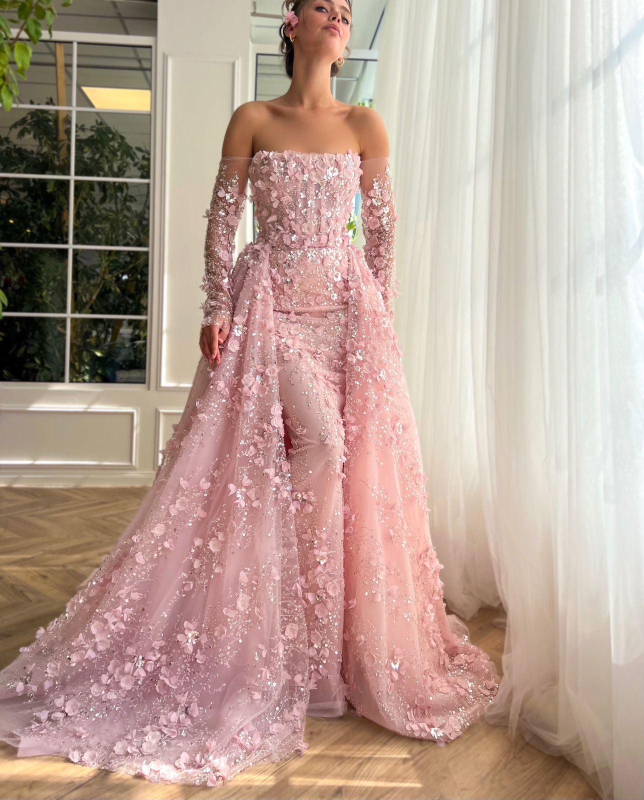 Elegant 3D Flowers Pink Evening Dress with Overskirt SS352 SHARONSAID