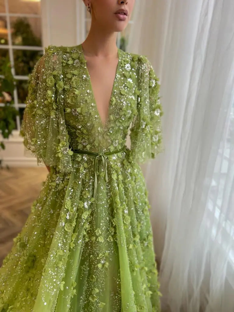 Sexy V-neck Green 3D Embroidered Flowers Evening Dress SS354 