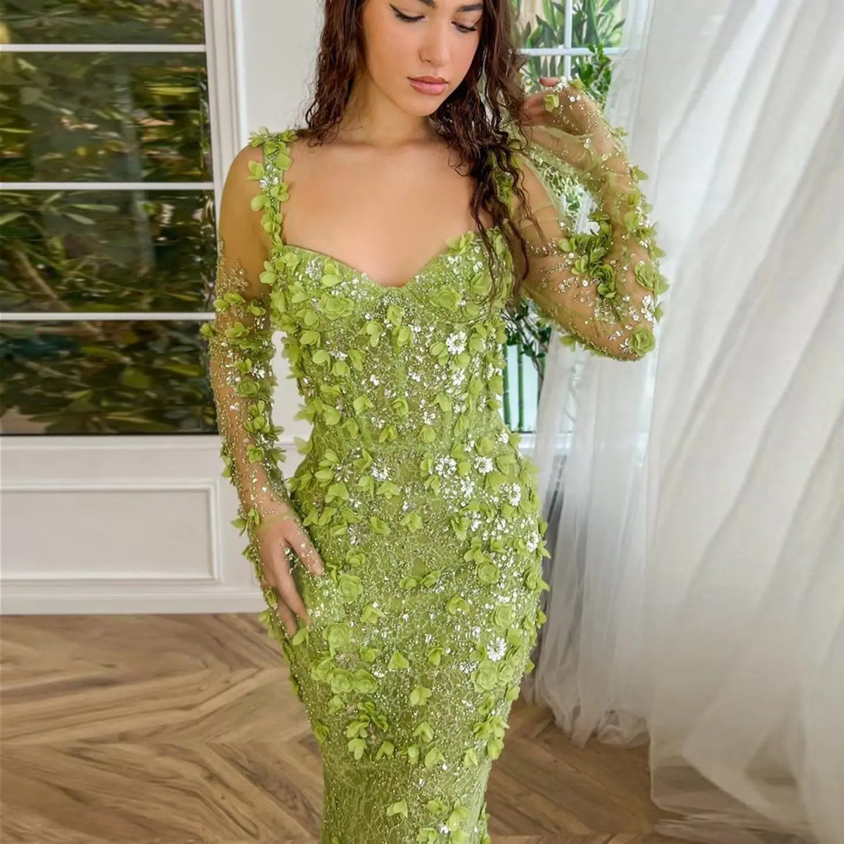 3d floral long sleeve dress Luxury A Line Long Sleeves 3D Flowers Prom Dresses Formal Evening Dres Simidress