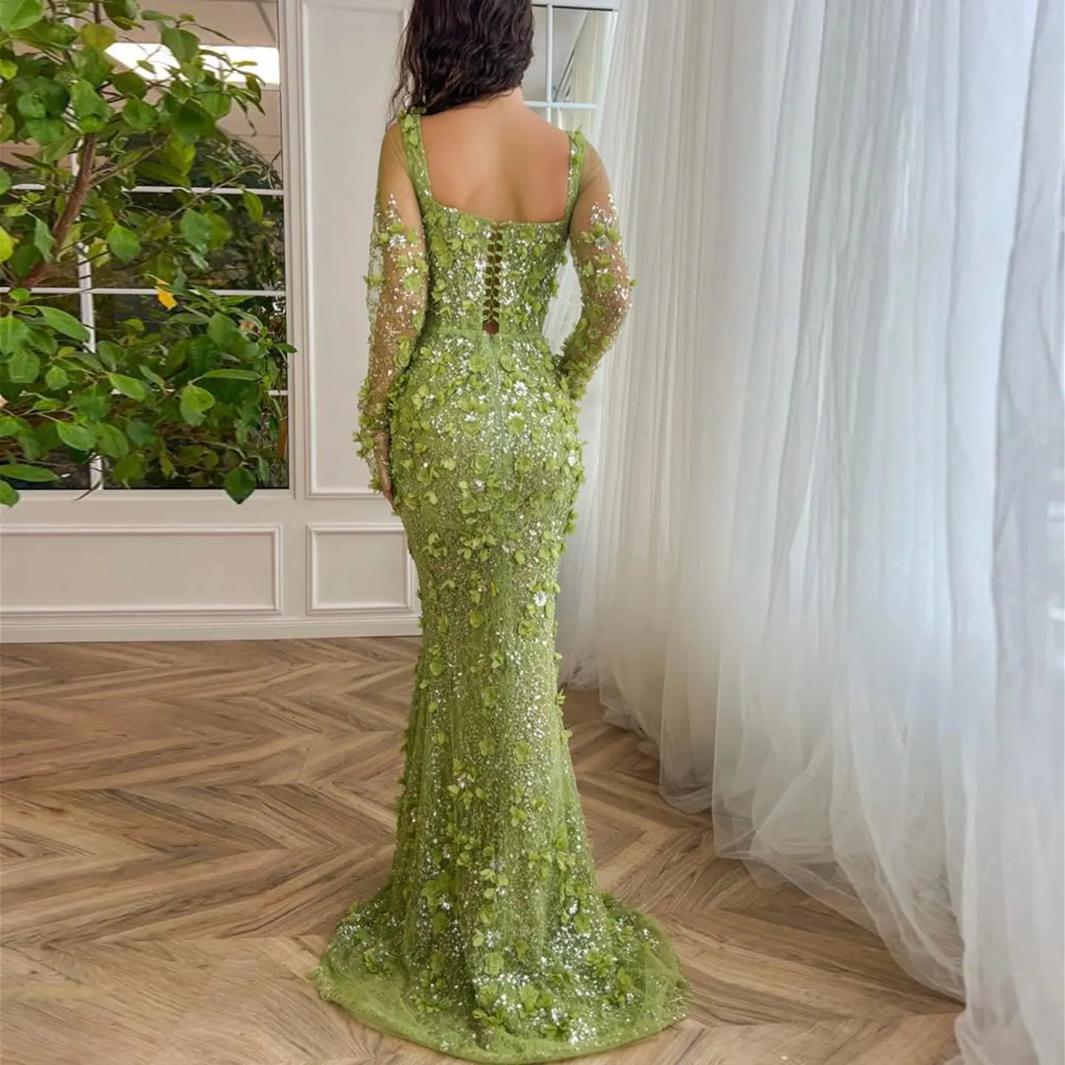 Final Sale Luxury Green 3D Floral Evening Dress with Long Sleeves SS355 Final Sale Luxury Green 3D Floral Evening Dress with Long Sleeves SS355