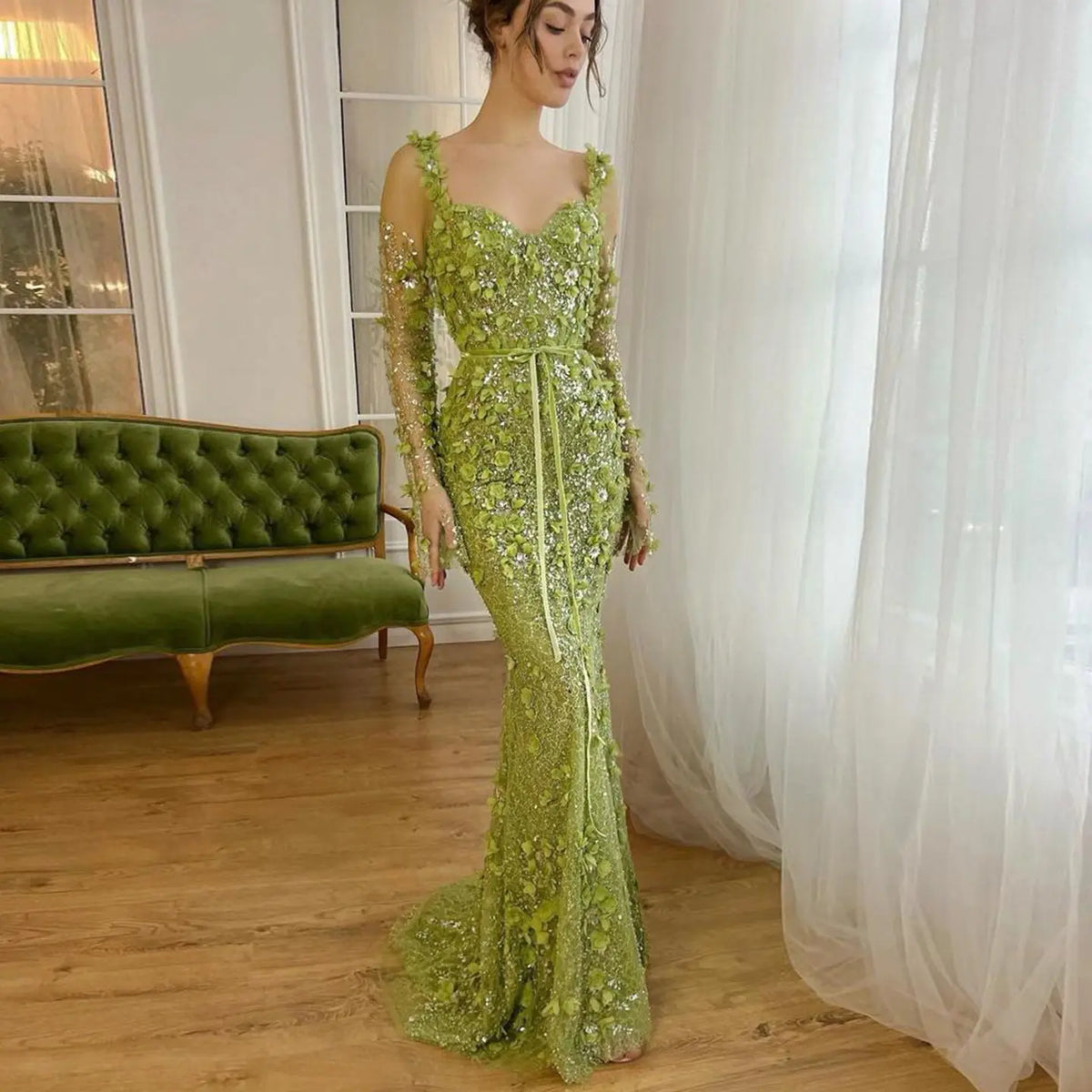 Final Sale Luxury Green 3D Floral Evening Dress with Long Sleeves SS355 Final Sale Luxury Green 3D Floral Evening Dress with Long Sleeves SS355