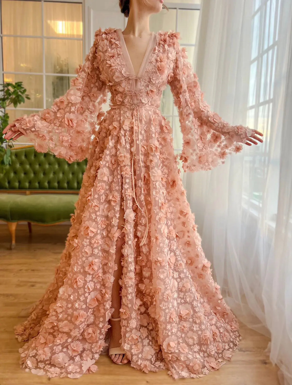 Arabic Peach-Pink 3D Flowers Long Sleeves Evening Dresses SS295 - SHARONSAID Arabic Peach-Pink 3D Flowers Long Sleeves Evening Dresses SS295 - SHARONSAID