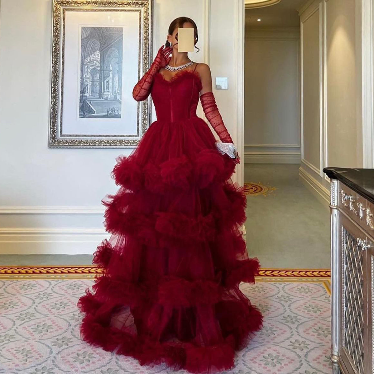 Sharon Said Arabic Burgundy Tulle Tiered Ruffles Evening Dresses with Gloves Pink Spaghetti Straps Women Wedding Party Gowns SF049