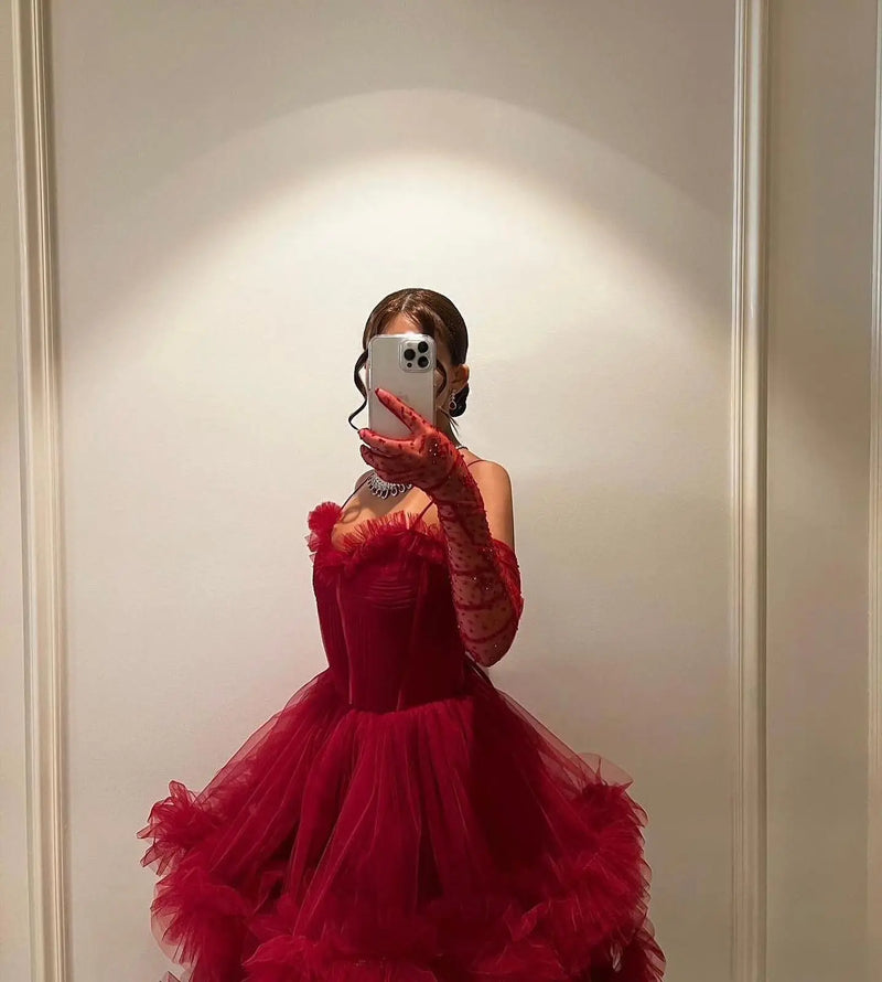Burgundy Tulle Tiered Ruffles Evening Dresses with Gloves SF472 
