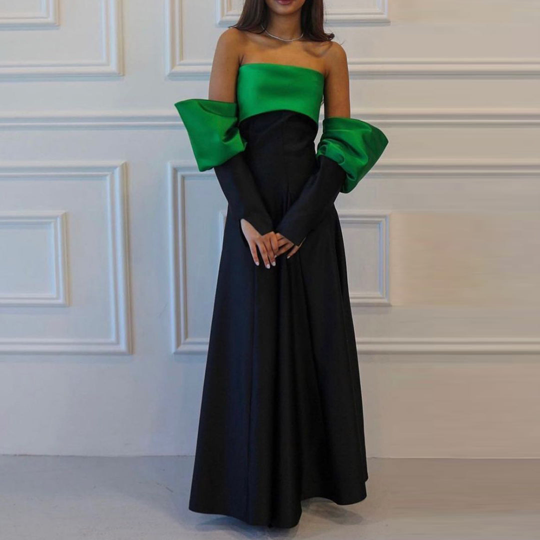 Sharon Said Arabic Black and Emerald Green A-line Evening Dress with Sleeves Elegant Strapless Women Wedding Party Gowns SF031