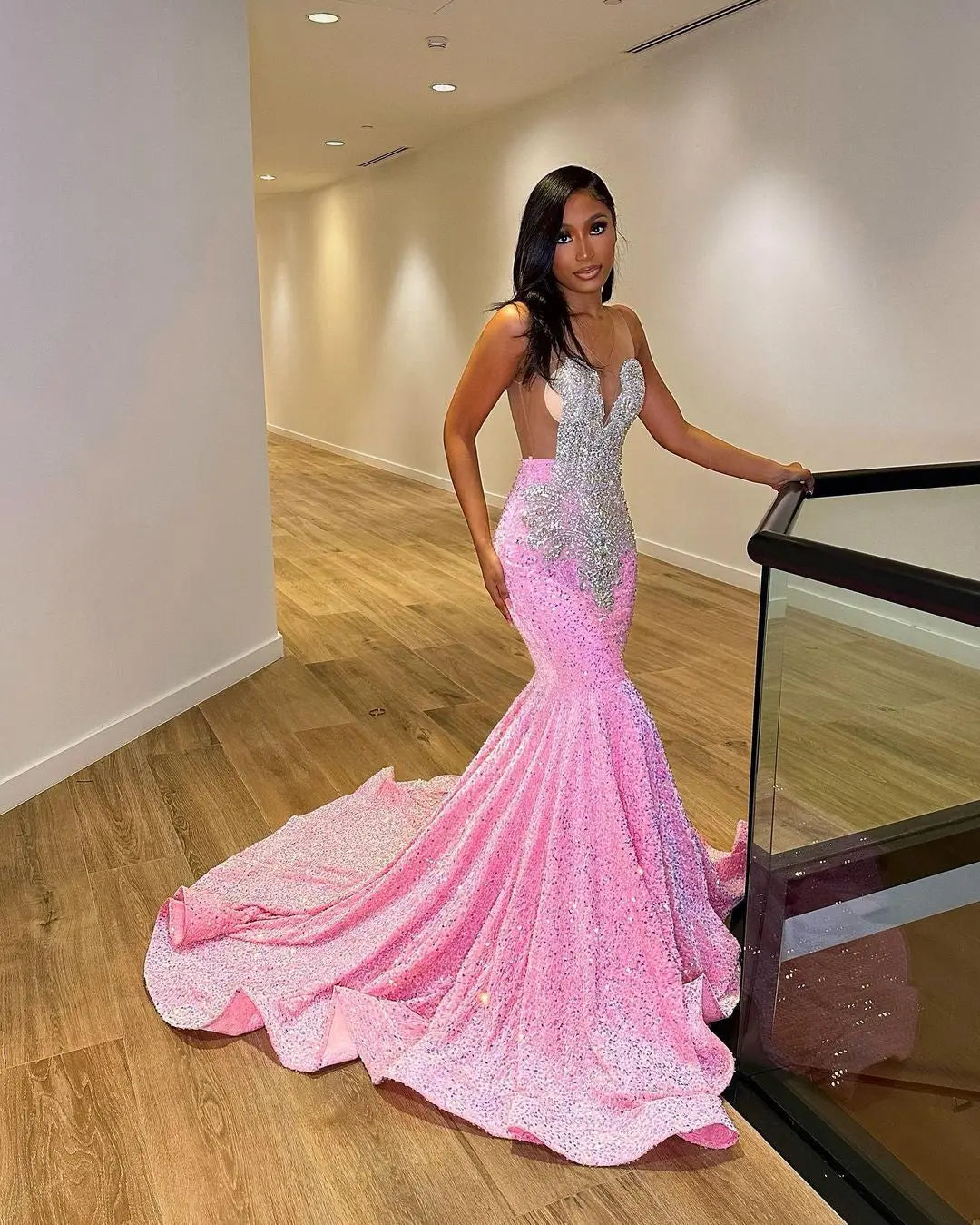 Luxury Pink Sequined Mermaid Crystal Prom Dress RM061 Luxury Pink Sequined Mermaid Crystal Prom Dress RM061