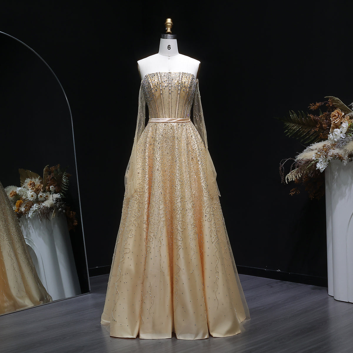 Luxury Watermelon Sequin Crystal Evening Dress with Off Shoulder Sleeves XD004 