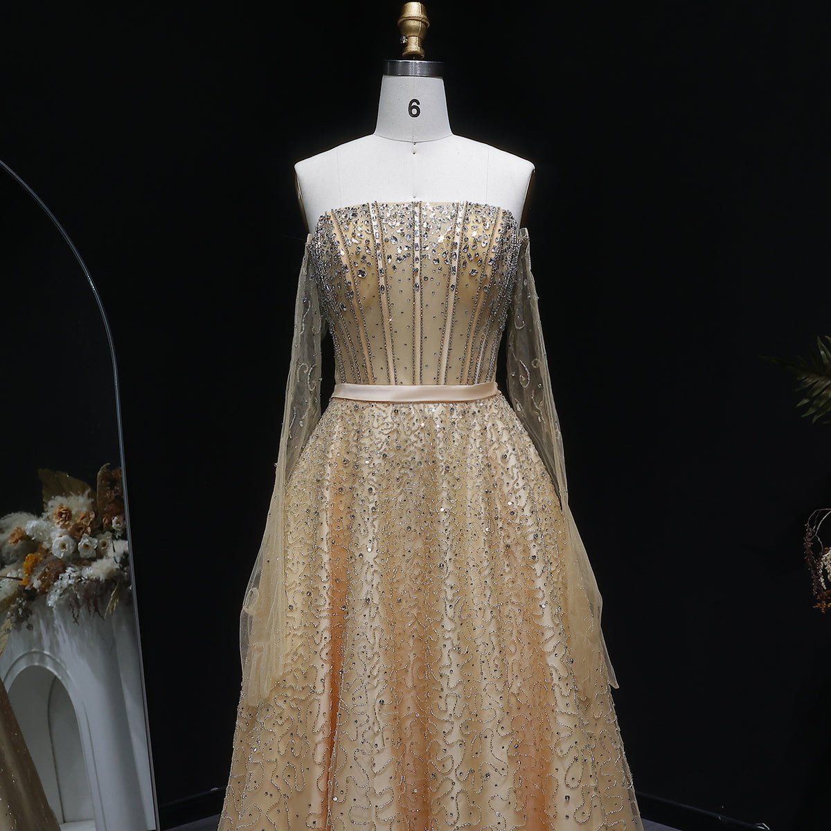 Luxury Watermelon Sequin Crystal Evening Dress with Off Shoulder Sleeves XD004 