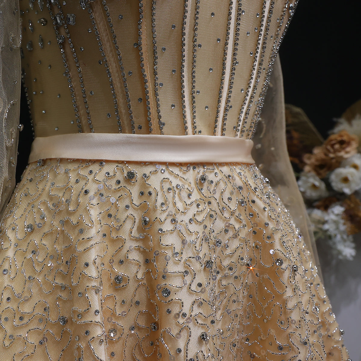 Luxury Watermelon Sequin Crystal Evening Dress with Off Shoulder Sleeves XD004 