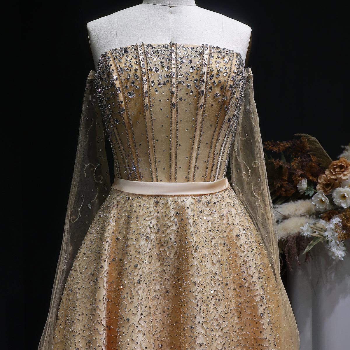 Luxury Watermelon Sequin Crystal Evening Dress with Off Shoulder Sleeves XD004 